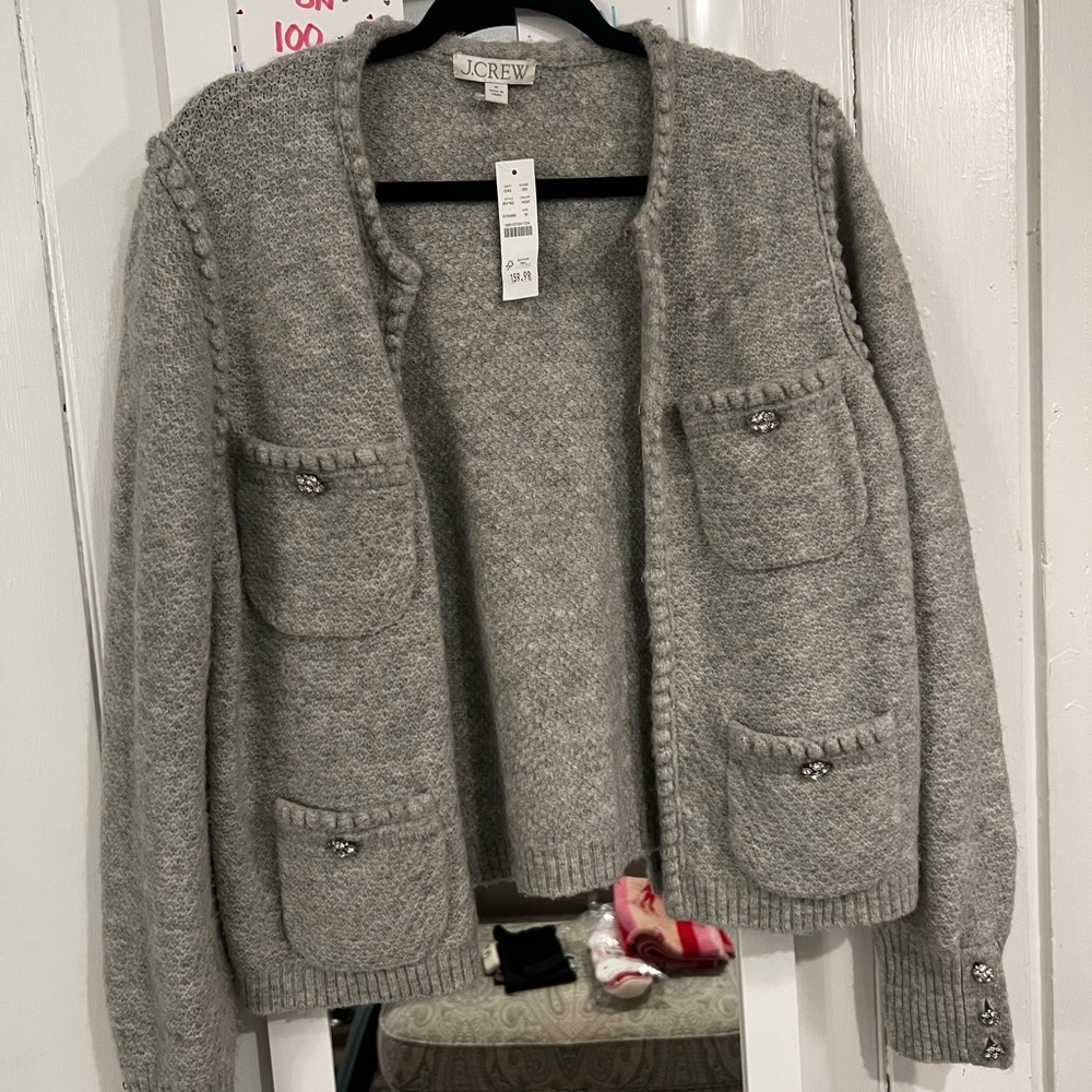 J. Crew Light Gray Pocket Cardigan Sweater with Decorative Buttons NWT